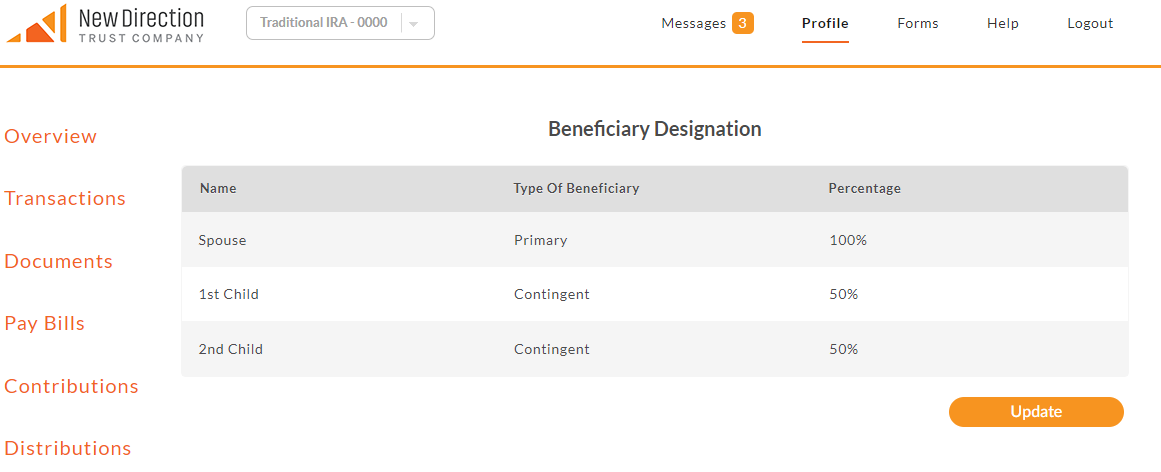 beneficiary designation page on NDTCO client portal